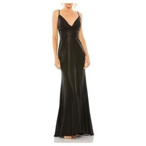 Ieena for Mac Duggal Metallic Plunging V-Neck Spaghetti Strap Full Length Dress